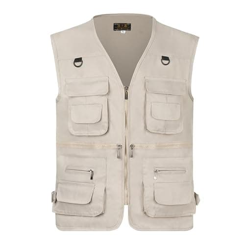 AOTORR Men’s Fishing Vest Casual Outdoor Work Safari Fishing Photo Cargo Vest Summer Jacket With Multi Pockets Light Khaki M