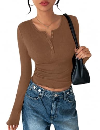 Ekouaer Womens Thermal Long Sleeve Ribbed Henley Top 1 Pack Brown S