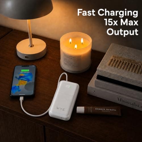 WYE 10000mAh Portable Power Bank with Built-in USB-C & Lightning Cables, 22.5W Fast Charging External Battery Pack, Compact Powerbank Charger for iPhone, Samsung, Pixel and Android - White — view 3