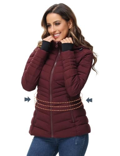 ROYAL MATRIX Women's Packable Puffer Jacket, Lightweight Puffer Jacket Winter Warm Quilted Puffer Jacket with Detachable Hood, Wine Red, Medium — view 2
