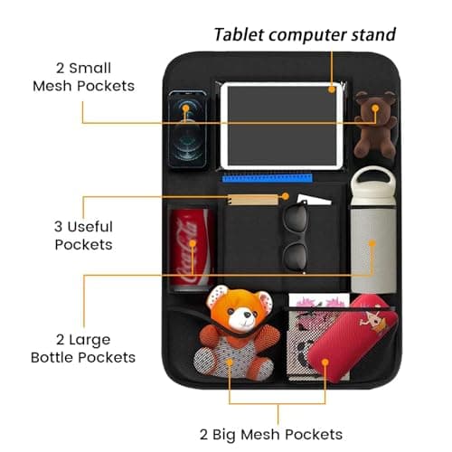 2-piece car storage bag set, including child seat back storage bag, rear seat protector, 10-inch tablet cover, and 9-pocket storage bag with kick guard for storing water bottles, toys, books, etc. — view 5