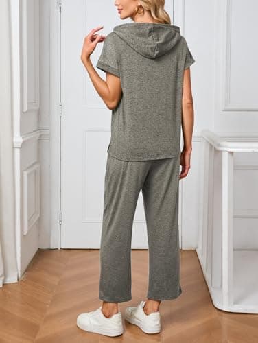 Famulily 2 Piece Sets for Women Casual Summer Travel Outfits Short Sleeve Hoodies &Lounge Cropped Pants Grey Coffee L — view 5
