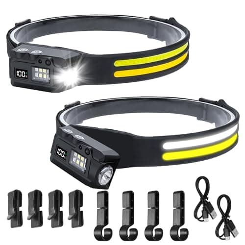 2 Pcs Head Torch Rechargeable with Motion Sensor, Lumilight Head Torch Removable IPX4 Waterproof with Helmet Clips, Lightweight LED Headlamp Long Lasting Super Bright for Camping Running Cycling
