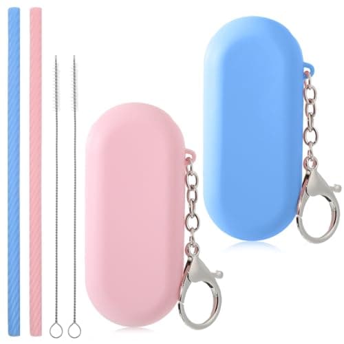 2 Sets Silicone Straws Reusable, Portable Foldable Travel Straw with Case and Cleaning Brush Collapsible Drinking Straws for Travel Party (Pink and Blue)