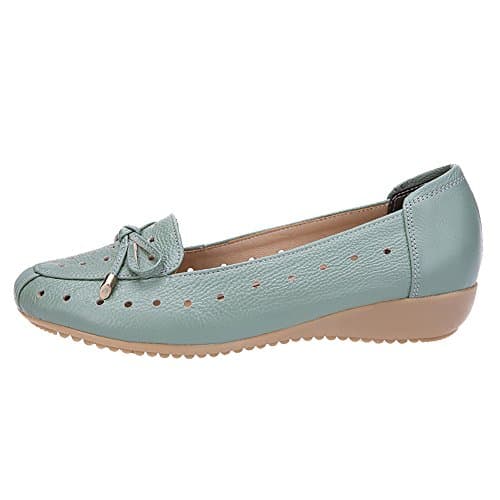 Jamron Women Genuine Leather Comfort Shoes Soft Sole Ballerinas Low Wedge Heel Slippers Hollowed Out Turquoise SN020628-2 UK6 — view 2