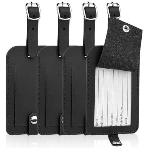 Flintronic 4 Pcs Luggage Tags, Leather Baggage Labels, Suitcase Name ID Card Tag Set, Leather Tags Travel Handbag Accessories for Preventing Loss of Bags(Black)