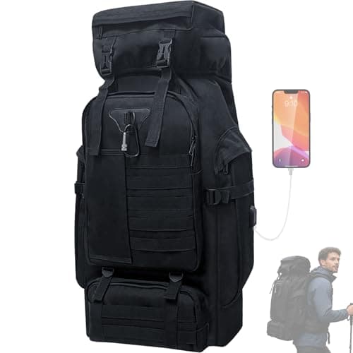 Vaupan 80L Camping Hiking Backpack, Large Military Tactical Backpack with USB Charging Port, Waterproof Travel Daypack With Carabiner Outdoor MOLLE Rucksack for Men Women (Black-Biner)