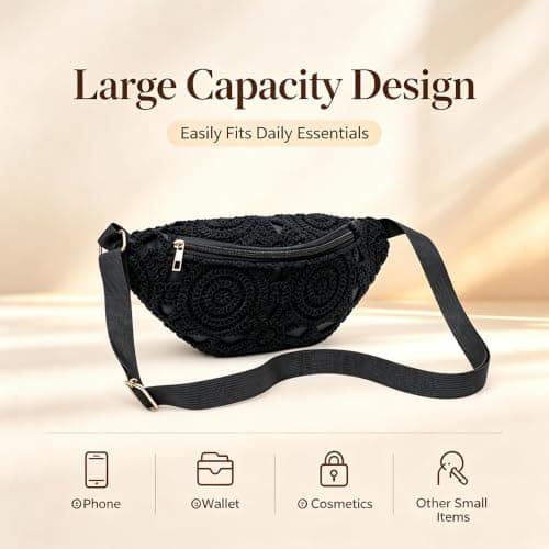 Women's Straw Woven Waist Bag with Hollow Flower Design, Cream Crossbody Waist Pack with Adjustable Strap, Lightweight Travel Commute Everyday Bag, White — view 5
