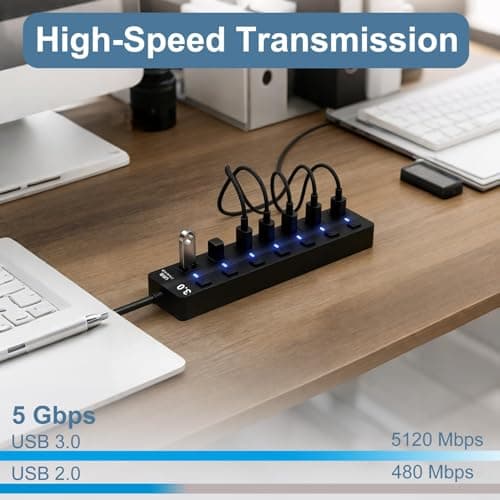 7-Port USB 3.0 Hub Multiport Splitter with Individual Switches and Lights — view 5