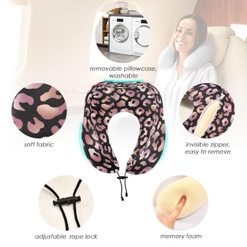 ALAZA Rose Gold Leopard Print Pink Cheetah Animal Neck Pillow Travel for Sleeping Airplane Travel Kit with Snap Clip & Storage Bag — view 2