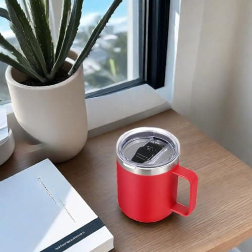 Volhoply 14oz Insulated Stainless Steel Coffee Mug with Leakproof Lid,Double Wall Vacuum Travel Coffee Cup with Handle,Reusable Metal Tumbler,Camping Mugs Keep Hot&Cold,Christmas Gifts(Red,1) — view 5