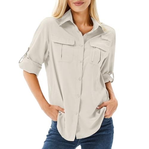 Winebox Women's UPF 50 Shirts Long Sleeve Sun Protection UV Quick Dry Casual Outdoor Safari Walking Fishing Hiking Travel Shirts(Light Khaki-l)