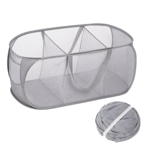 Collapsible Mesh Laundry Hamper Pop Up 3 Compartments with Handles & Pocket