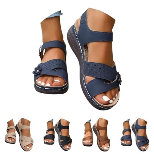 Orthopedic Sandals for Women UK Plantar Fasciitis Comfort Wedge Sandals Open Toe Ankle Strap Sandal Summer Wide Fit Cushion Walking Shoes Ladies Casual Summer Sandal with Arch Support 2-Navy, 5 — view 5