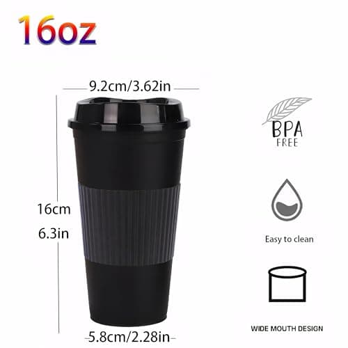 Yisituo Plastic Coffee Cups with Lids, 12 Pack 480ml Reusable Tumblers for Adults, for Hot & Cold Drinks, Microwaveable Travel Mugs (12, Black) — view 2