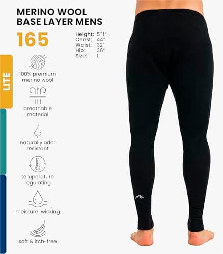 100% Merino Wool Base Layer Men Leggings Pants - Thermal Underwear + Socks (Large, 165 Black) — view 2