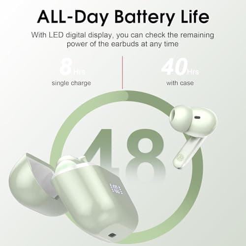 Thunelec Wireless Earbuds, Bluetooth 5.3 Headphones in Ear with ENC Mic, 2026 Bluetooth Earbuds with Deep Bass, 48H Playtime Ear Buds with LED Display, IP7 Waterproof Wireless Earphones, USB-C Green — view 6