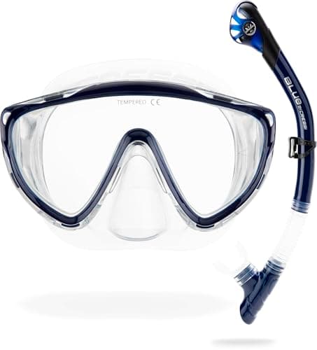 Cressi Tino & Scilla Combo Set - Split Strap Comfort in Adult Snorkel Mask Set - Tempered Glass Snorkel Mask - Clear/Blue Navy - One Size