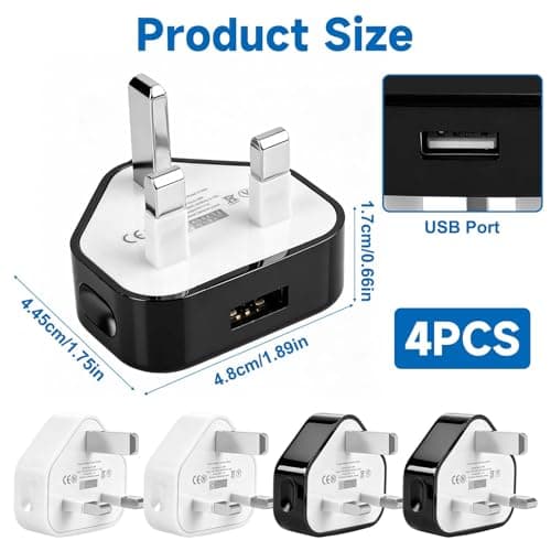 4 Pack 5V 1A USB Plug Adapter UK 3 Pin Wall Charger Fast Charging — view 6