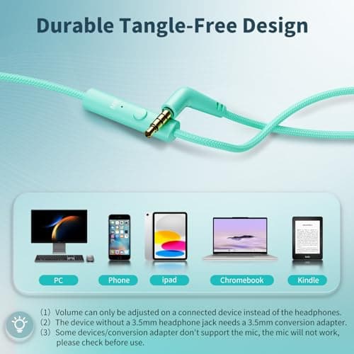 Headphones Wired with Microphone, 3.5mm Corded Headphones for School, Green — view 5
