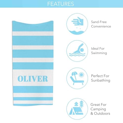 Print Maniacs Personalised Beach Towel Microfibre with Name Quick Dry Lightweight Stripe Design Large Travel Sand Free Holiday Pool Gym Spa Towels Custom Gift for Him Her — view 4
