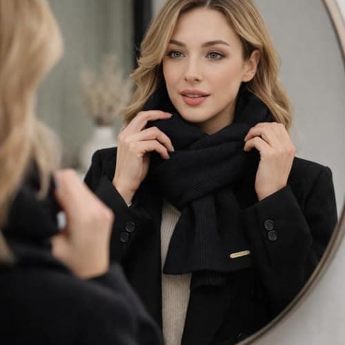 Grion Dark Navy Ribbed Knitted Scarf, Textured Winter Neck Accessory, 1-Pack | Wrap-around format, rectangular single-colour design, gold-tone tag, for everyday travel, casual outfits and office wear — view 6