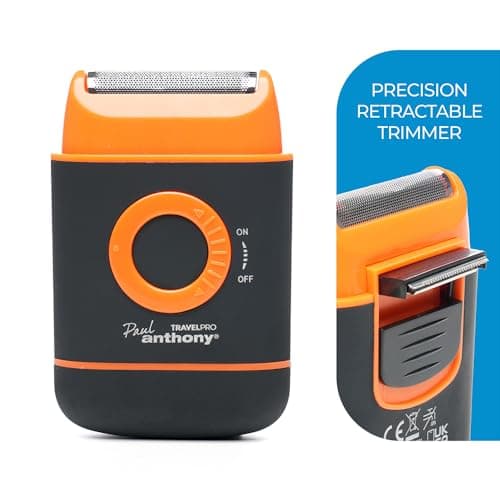 Paul Anthony Travel Pro Battery Operated Men's Compact Foil Shaver, Titanium Flexible Blade, Retractable Side Trimmer,Rubberised Finish, 2 x AA Battery Operated - Orange - H5001A — view 3