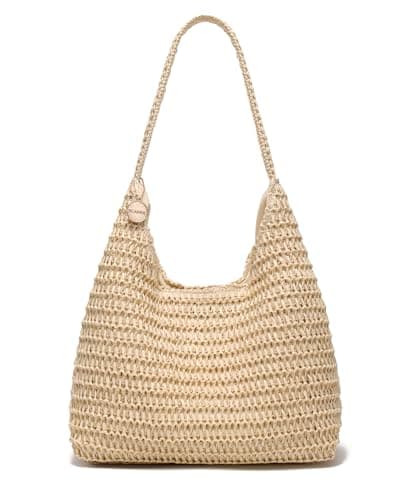 SUANNI Beige Straw Beach Bag for women, Woven Tote Hobo Bags, Lightweight Casual Boho Summer Shoulder Handbag, Packable Mesh Everyday Purse for Holiday Shopping Travel