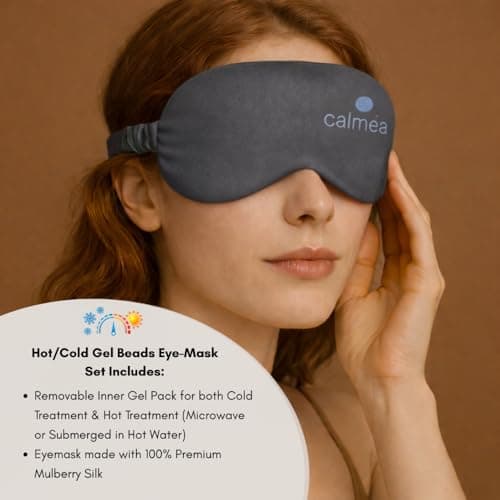 Calméa® Hot & Cold Weighted Silk Sleep Eye Mask with Adjustable Straps – 100% Mulberry Silk, Blackout & Steamer with Gel Bead Technology for Dry Puffy Eyes (Charcoal Grey, Adjustable Strap) — view 6