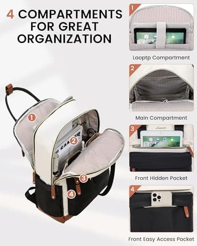 LOVEVOOK Backpack Womens, 15.6 Inch Laptop School Bag, Waterproof Work Travel Rucksack with USB Port, Anti Theft Ladies Computer Back Pack for College Uni Office Business, Beige Black — view 3