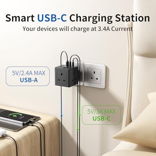 Plug Extension Socket with 4 USB, 3 Way Multi Plug Adapter UK, USB Wall Plug Charger, 3 Pin Plug Expander for Home, Office — view 5