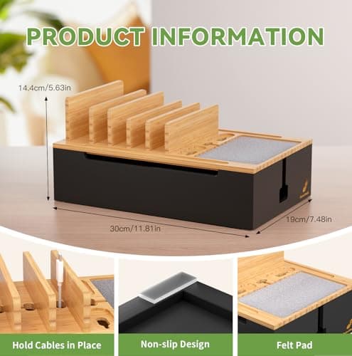 Pezin & Hulin Bamboo Charging Station, Electronic Devices Organizer for Multiple Devices Charger Such As Cell Phone, Tablet, Watch and more, Natural+Black, (No USB Charger and Cables） — view 4