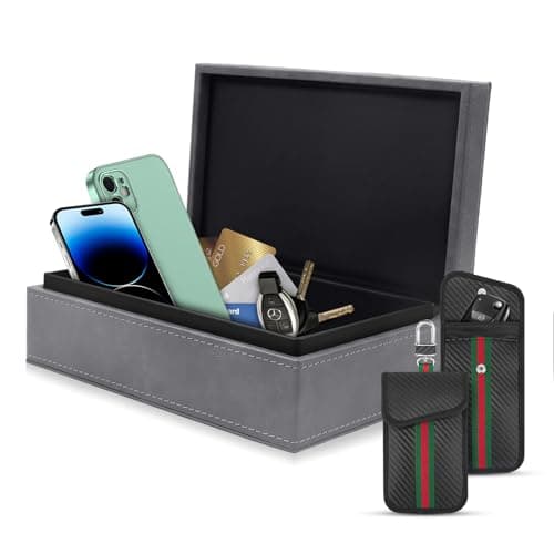 BOODPET Faraday Box for Car Keys & Phones (Grey) – Premium Crazy Horse Leather RFID Signal Blocker Case with 2 Anti-Theft Pouches (Blocks WiFi/GPS/Cellular)