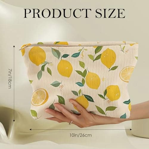 Colorful Lemon Print Corduroy Makeup Bag 10"x7" – Lightweight Zipper Cosmetic Pouch, Soft Microfiber Travel Toiletry Organizer for Women and Girls — view 2