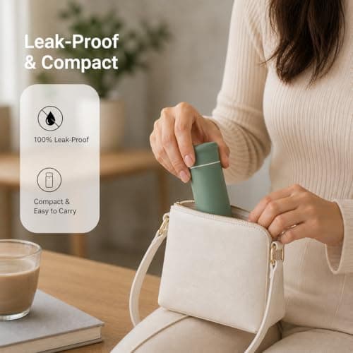 Exllena 250ml Mini Thermal Flask – 100% Leakproof Pocket Travel Mug for Flat White Coffee & Tea – Slim Stainless Steel Small Water Bottle for Handbag, Commute, Milk – BPA Free(Dusty Green) — view 5