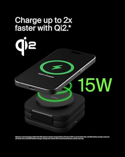 Belkin BoostCharge Pro Foldable Qi2-Certified Wireless Charger 3-in-1 Magnetic Charging Travel Pad 15W - MagSafe-Compatible Portable Charger for iPhone 17, Air, 16, Pixelsnap, Apple Watch 11, AirPods — view 3