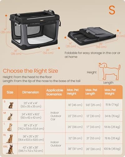Feandrea Collapsible Dog Crate, Portable Pet Travel Crate for Small Dogs, 50 x 35 x 35 cm, Oxford Fabric Pet Carrier with Mesh Doors, Storage Pocket, Ink Black PDC015BH02 — view 6