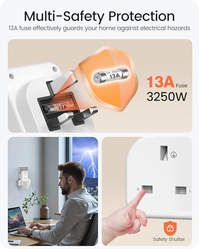 LENCENT Plug Extension Socket, 3 Way Multi Plug Socket with 3 USB Ports — view 6