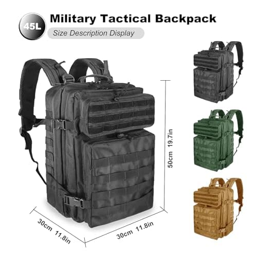 owwasd Military Backpack 45L Waterproof Tactical Backpack Molle Backpacks Large Back pack for Travelling,Trekking,Camping,Hiking,Fishing,Hunting,Gym,Outdoor Activities (Black) — view 2