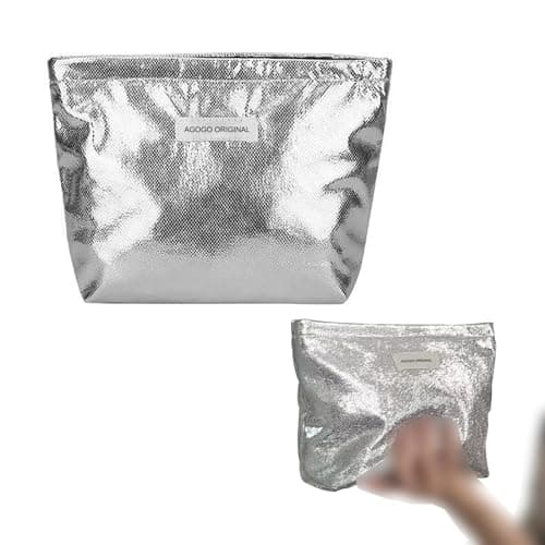 BSITSSS Shiny Silver Makeup Bag, Portable Cosmetic Bags Women, Multifunctional Zipper Make Up Bag Girls, Small Makeup Pouch,Simple and Stylish Beauty Bag, Birthday Gifts for Women Unique