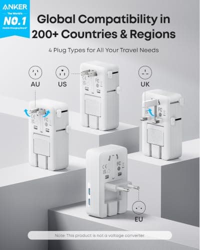 Anker Universal Travel Adapter 5-in-1 for UK/EU/US/AU, 20W USB-C + 4 USB Ports, Compact Power Plug Converter with AC Socket for 200+ Countries | Ideal for UK Travel & EU Expats (White) — view 2