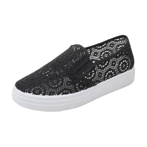 Womens Slip On Mesh Casual Shoes Summer Breathable Platform Low Top Flat Walking Shoes Lightweight Non Slip Comfort Fashion Hands-Free Trainers Outdoor Beach Travel Ladies Footwear Black