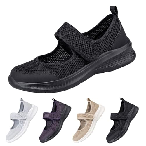 Womens Orthopedic Mary Jane Shoes Summer Breathable Knit Adjustable Strap Barefoot Lightweight Comfortable Non Slip Walking Shoes for Hiking Holiday UK Black, Size 7 — view 3