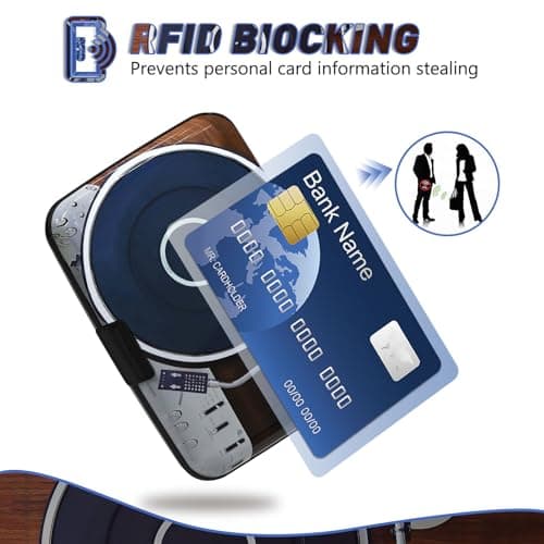 Credit Card Holder, Mini RFID Small Aluminum Card Wallet, Blocking Slim Metal Business Card Case, RFID Blocking Front Pocket Wallet Hard Case Durable CC Holder for Women Men, Retro Music Player — view 2