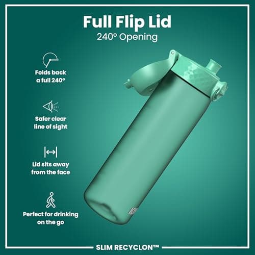 Ion8 Water Bottle, 500 ml/18 oz, Leak Proof, Easy to Open, Secure Lock, Dishwasher Safe, BPA Free, Hygienic Flip Cover, Carry Handle, Fits Cup Holders, Easy Clean, Carbon Neutral, Teal Green — view 4