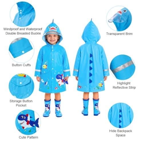 Adiwo Rain Poncho Girls Boys, Boys Girls Portable Raincoat, Kids Raincoats with Hood, Cartoon Poncho Toddler, Kids Lightweight Rainwear Waterproof Reusable, Blue Shark (M) — view 4