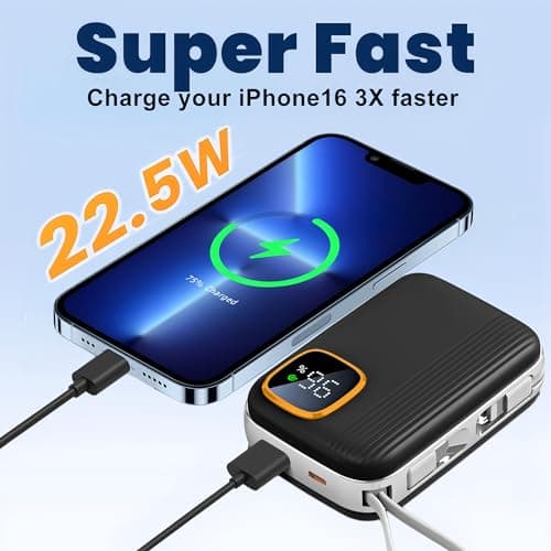 Power Bank with 4 Built-in Cables, Fast Charging 20000mAh Portable Battery Pack, 22.5W PD USB C In & Output, 5 Outputs Phone Charger Compatible with iPhone 16 15 14 Android, etc — view 2