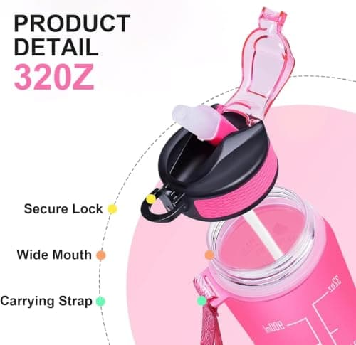 1L Water Bottle with Straw & Time Marker, BPA Free Leakproof Water Bottle, Reusable Sports Water Bottle with Carry Handle for Gym, Fitness, Cycling, School, Office & Outdoor, Pink & Blue — view 4