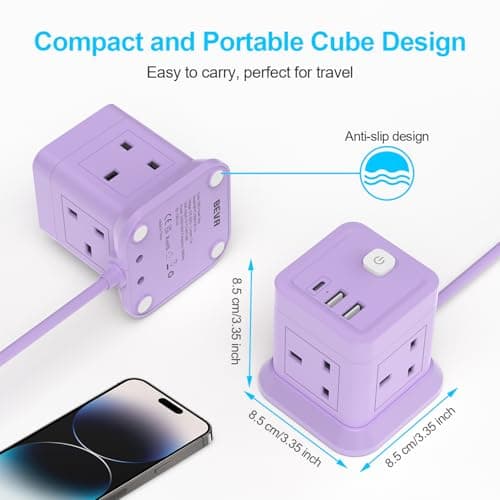 Cube Extension Lead with USB Slots, BEVA 4 Way Multi Plug Power Strip with 3 USB Ports, 3M Desktop Power Extension Socket Extension Cords for Home Dorm Office Travel-Purple — view 5