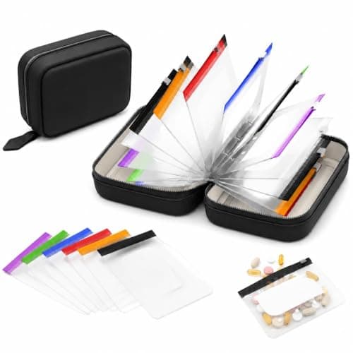 Travel Pill Organiser, Portable Silicone Medicine Storage Bag with 14 Colour Coded Pill Pouches, Black Water-Resistant PU Binder Case for Tablets, Vitamins, Work & Trips (Black)
